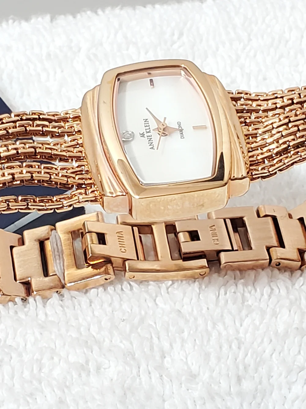 Anne Klein Women's Rose Gold Tone Diamond Mother Pearl Dial 1 Jewel Multi Strand